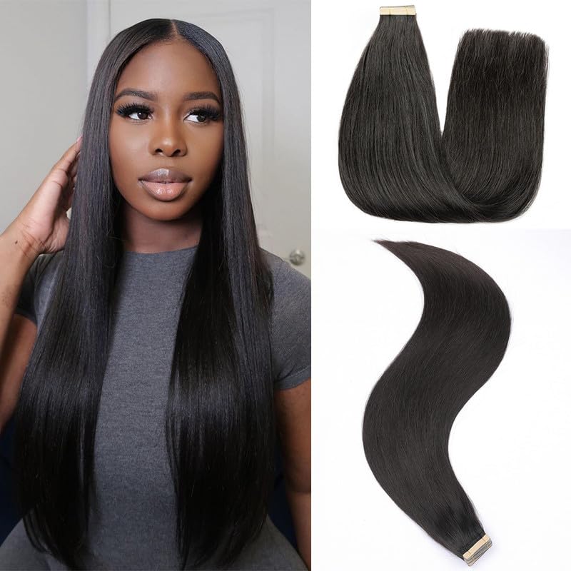 ShowJarlly Hair Extensions Tape in Hair Extensions Human Hair Natural Black Straight Hair Extensions 20PCS 50 Grams Tape Ins Human Hair Extensions 24 Inch Soft Skin Weft and Invisible Hair Extensions