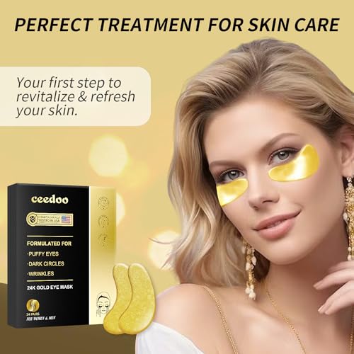 Ceedoo Under Eye Patches - 24 Pairs Gold Under Eye Mask for Puffy Eyes, Dark Circles, Eye Bags, Wrinkles, Collagen Hyaluronic Acid Eye Gel Pads with Rejuvenating Treatment, Refresh Your Skin