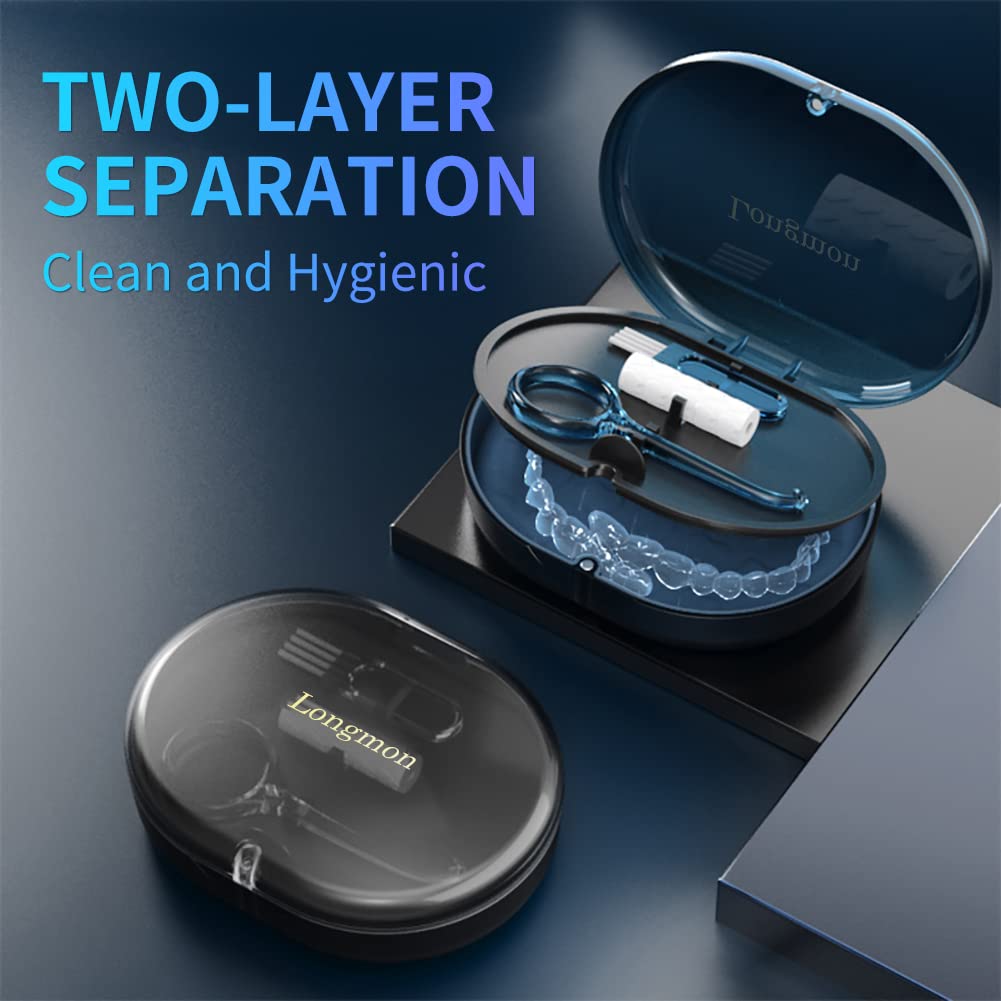 Orthodontic Retainer Storage Case with Cleaning Brush, Mirror & Chewing Tool - Double Layer Design