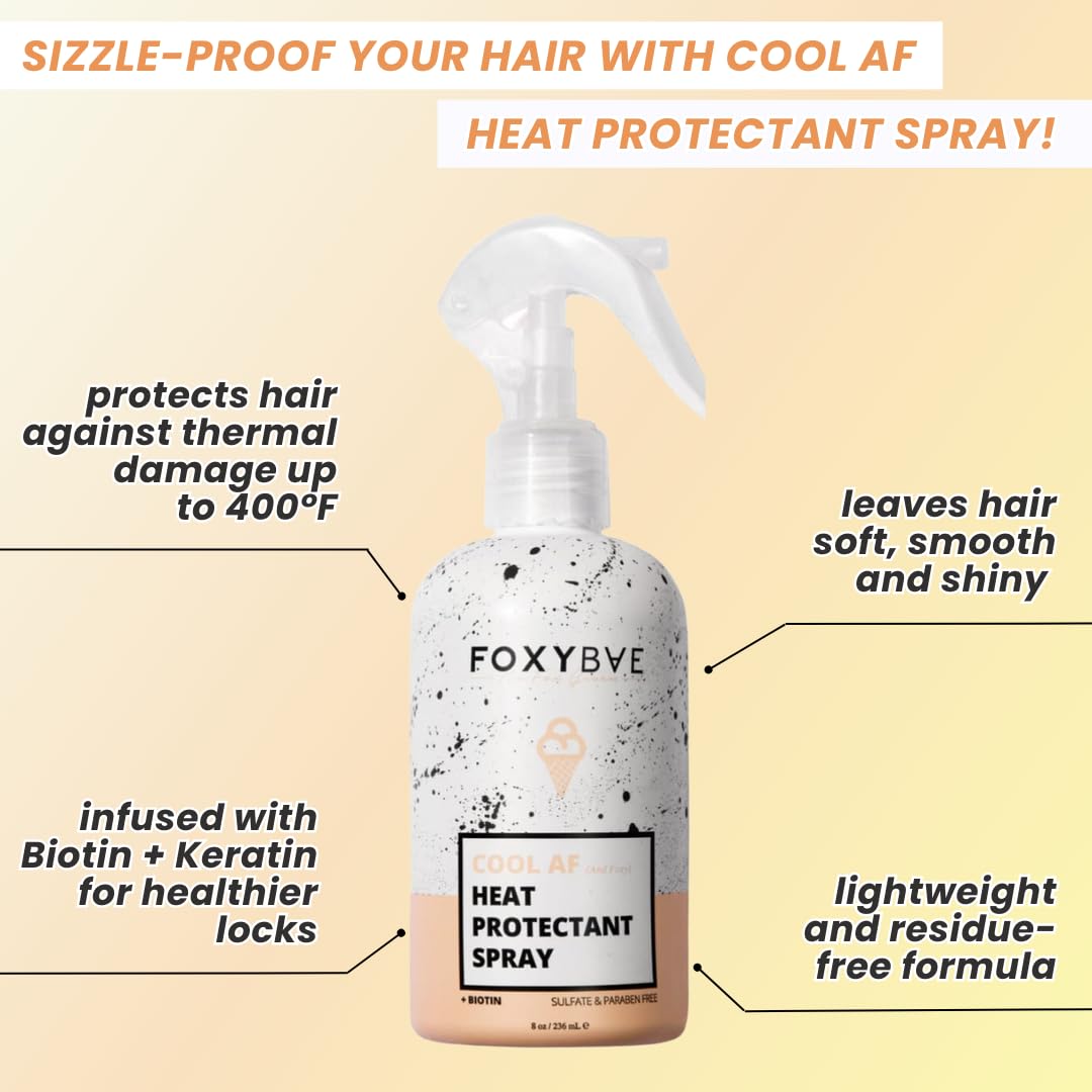 FoxyBae Heat Protectant Spray for Hair - Thermal Heat Protectant for Hair Styling Products Like Curling Iron & Blow Dryer - Cool AF Hair Heat Protectant Spray for Frizz, Damage & Breakage 8oz