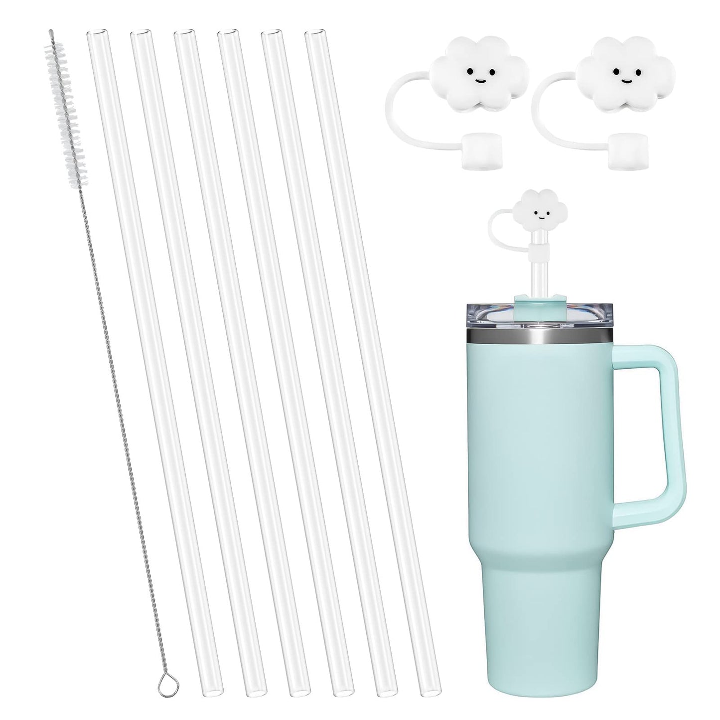 AUAUY 6 PCS Plastic Replacement Straws for Stanley 40oz 30oz Cup, Reusable Transparent Straws Compatible with Stanley Adventure Quencher Travel Tumbler, Cup Straws with Cleaning Brush & Straw Covers