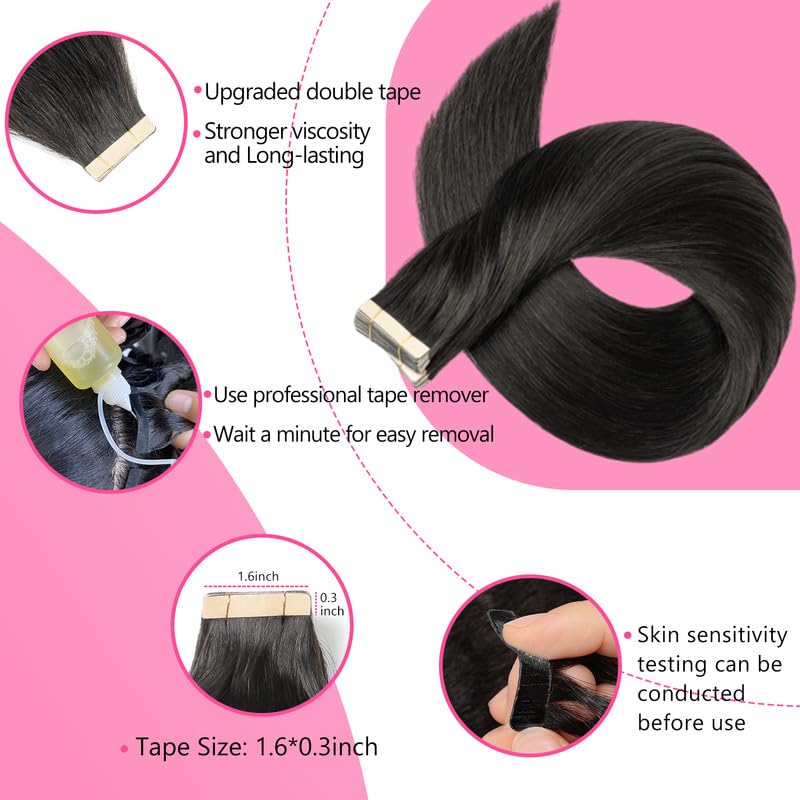 ShowJarlly Hair Extensions Tape in Hair Extensions Human Hair Natural Black Straight Hair Extensions 20PCS 50 Grams Tape Ins Human Hair Extensions 24 Inch Soft Skin Weft and Invisible Hair Extensions