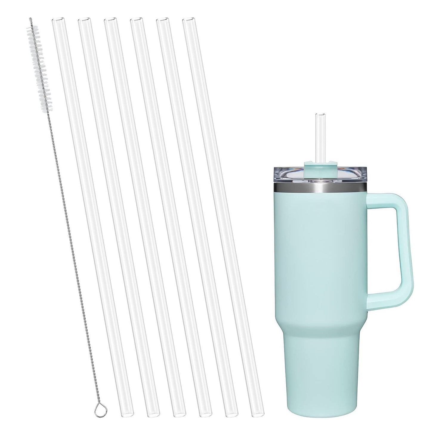 AUAUY 6 PCS Plastic Replacement Straws for Stanley 40oz 30oz Cup, Reusable Transparent Straws Compatible with Stanley Adventure Quencher Travel Tumbler, Cup Straws with Cleaning Brush
