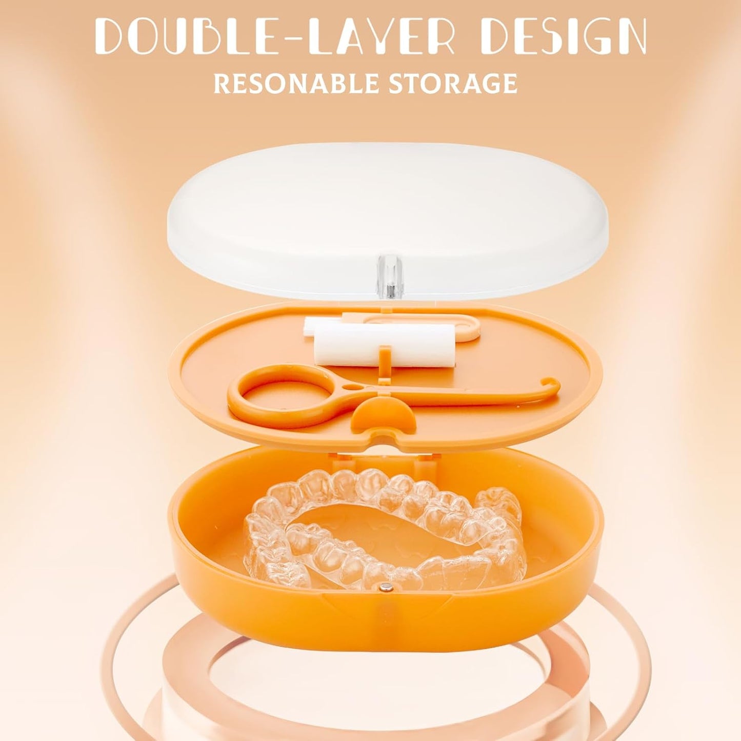 Orthodontic Retainer Storage Case with Cleaning Brush, Mirror & Chewing Tool - Double Layer Design