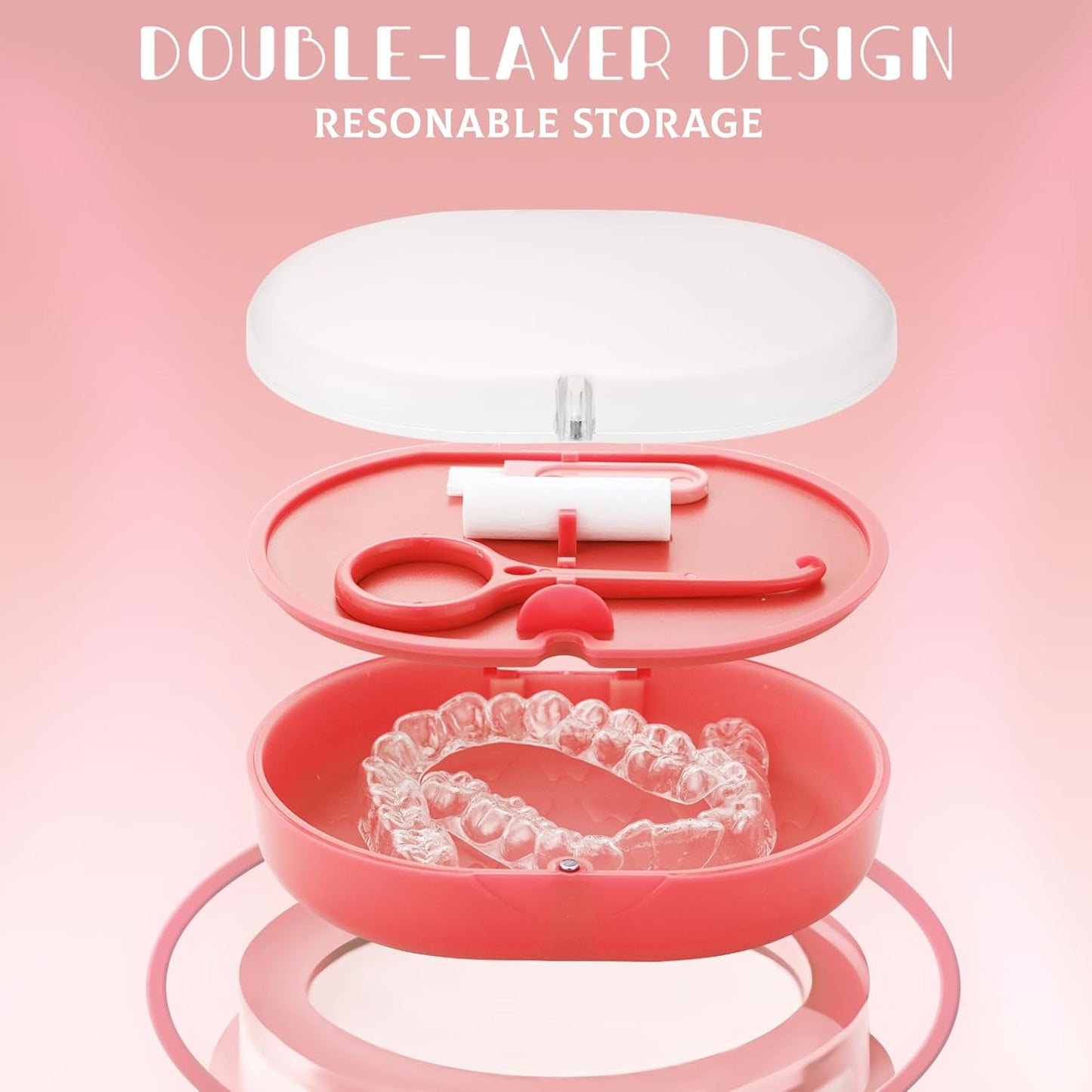 Orthodontic Retainer Storage Case with Cleaning Brush, Mirror & Chewing Tool - Double Layer Design