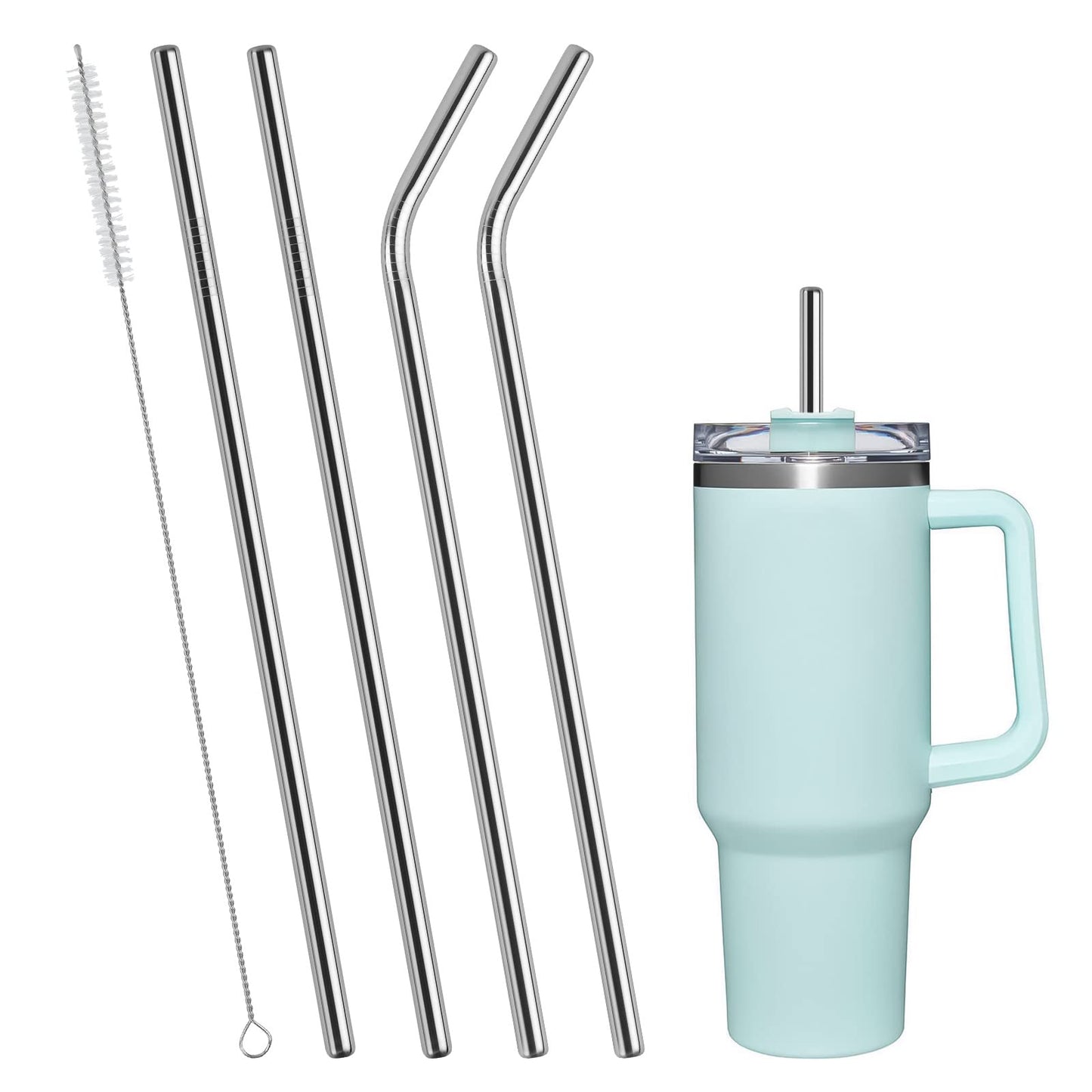 AUAUY 4 PCS Stainless Steel Replacement Straws for Stanley 40oz Cup, Reusable Straws Compatible with Stanley Adventure Quencher Travel Tumbler, Durable Cup Straws with Cleaning Brush
