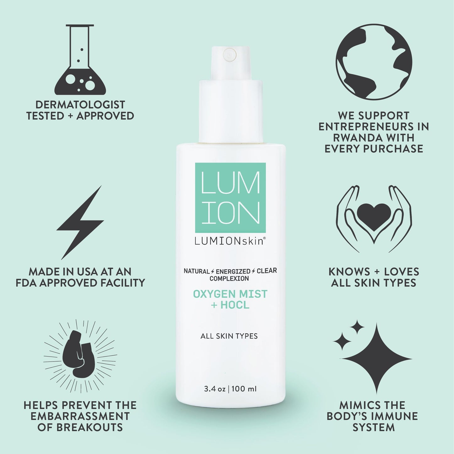 LUMION skin - Natural Miracle Mist Face Spray | Soothes Redness + Irritation, Promotes Healthy, Calm, Clear Skin, Hypochlorous Acid (3.4 fl oz | 100 ml)