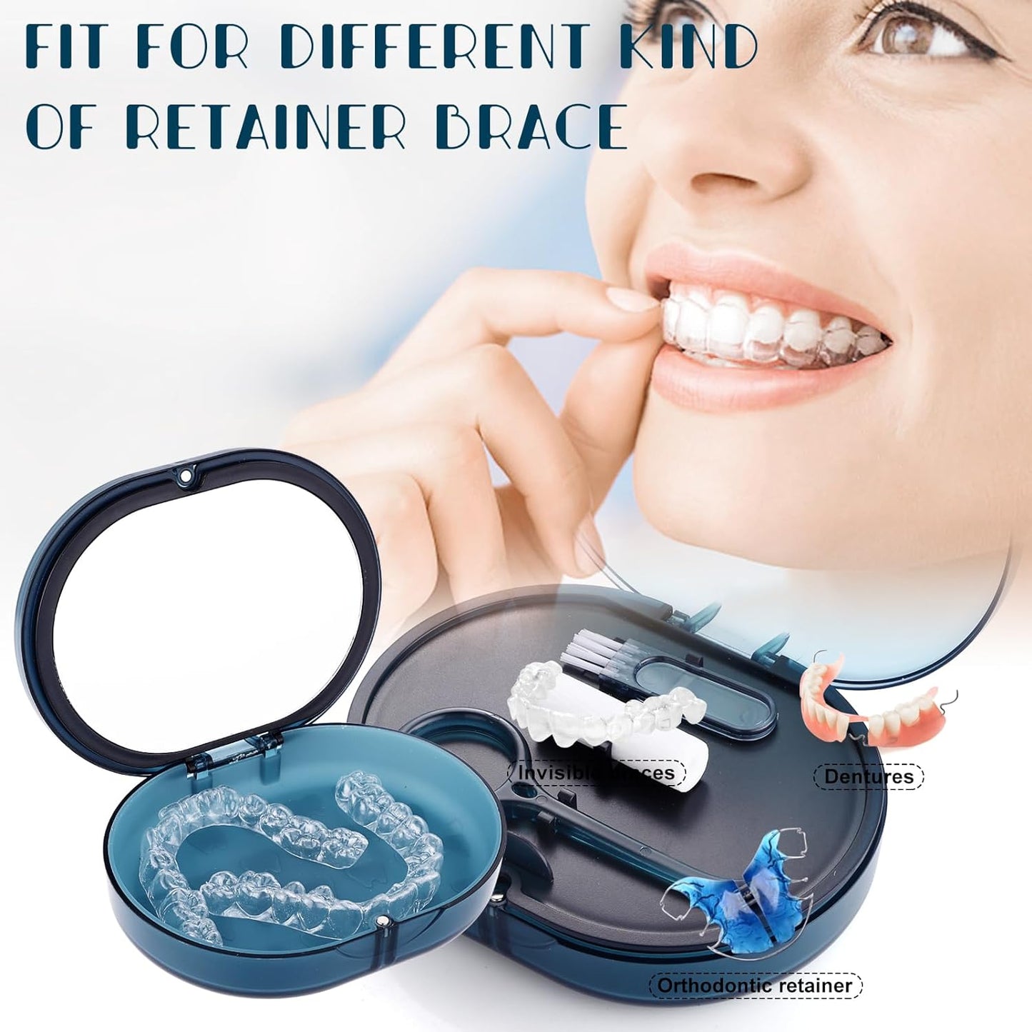 Orthodontic Retainer Storage Case with Cleaning Brush, Mirror & Chewing Tool - Double Layer Design