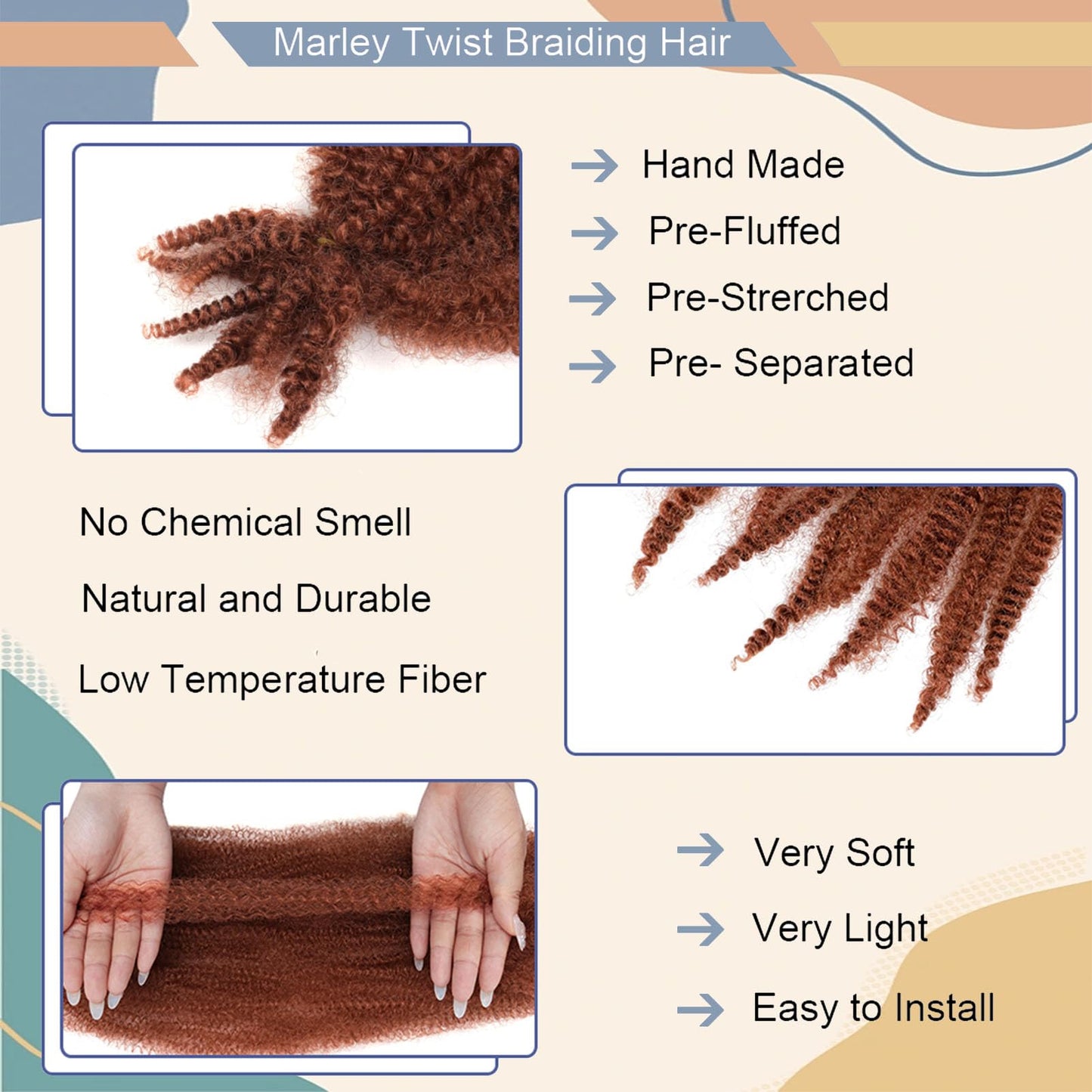 BAOTA Ginger Marley Hair 16 Inch 3 Packs Pre Separated Afro Twist Hair Copper Red Marley Twist Braiding Hair Wrapping Hair for Locs Pre Fluffed Cuban Twist Hair