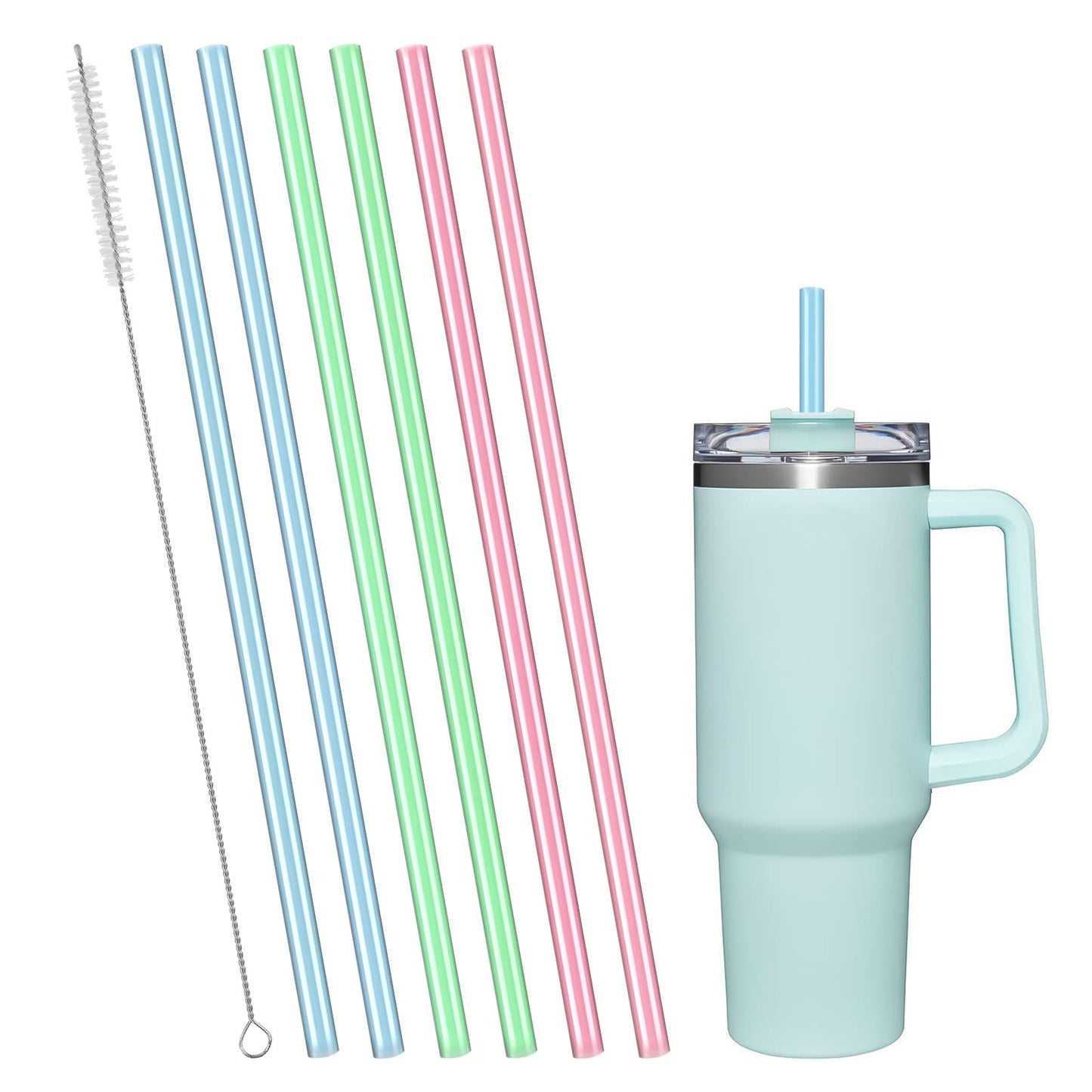 AUAUY 6 PCS Silicone Replacement Straws for Stanley 40oz 30oz Cup, Reusable Colorful Straws Compatible with Stanley Adventure Quencher Travel Tumbler, Cup Straws with Cleaning Brush
