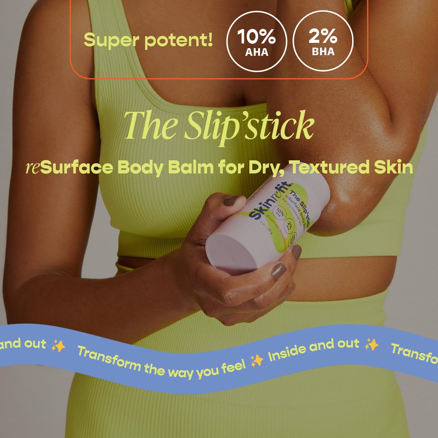 SKINREFIT Slip'stick Body Balm - 10% AHA 2% BHA Exfoliating Body Lotion Stick, Moisturize Rough & Bumpy Skin, Salicylic & Glycolic Acid Lotion Bar, Cracked Heels & KP Bump Eraser, Strawberry Legs 3 OZ