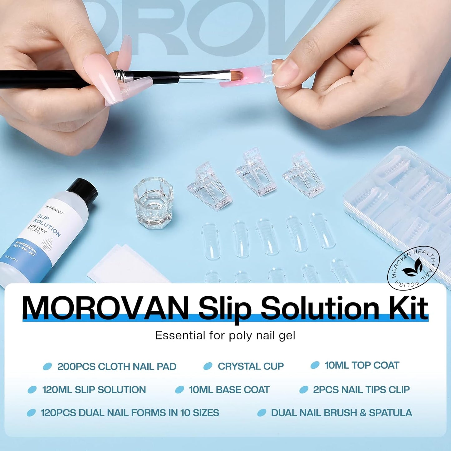 Morovan Nail Slip Solution Kit: 2.5 OZ Anti‑Stick Gel Liquid for PolyGel Nails with Dual‑Ended Brush & Nail Forms Ideal Easy Spread for Beginners