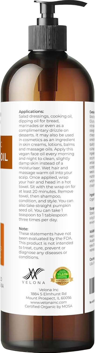 Organic Pumpkin Seed Oil - 8 Fl Oz | 100% Pure Cold Pressed Carrier Oil for Cooking & Skin Care