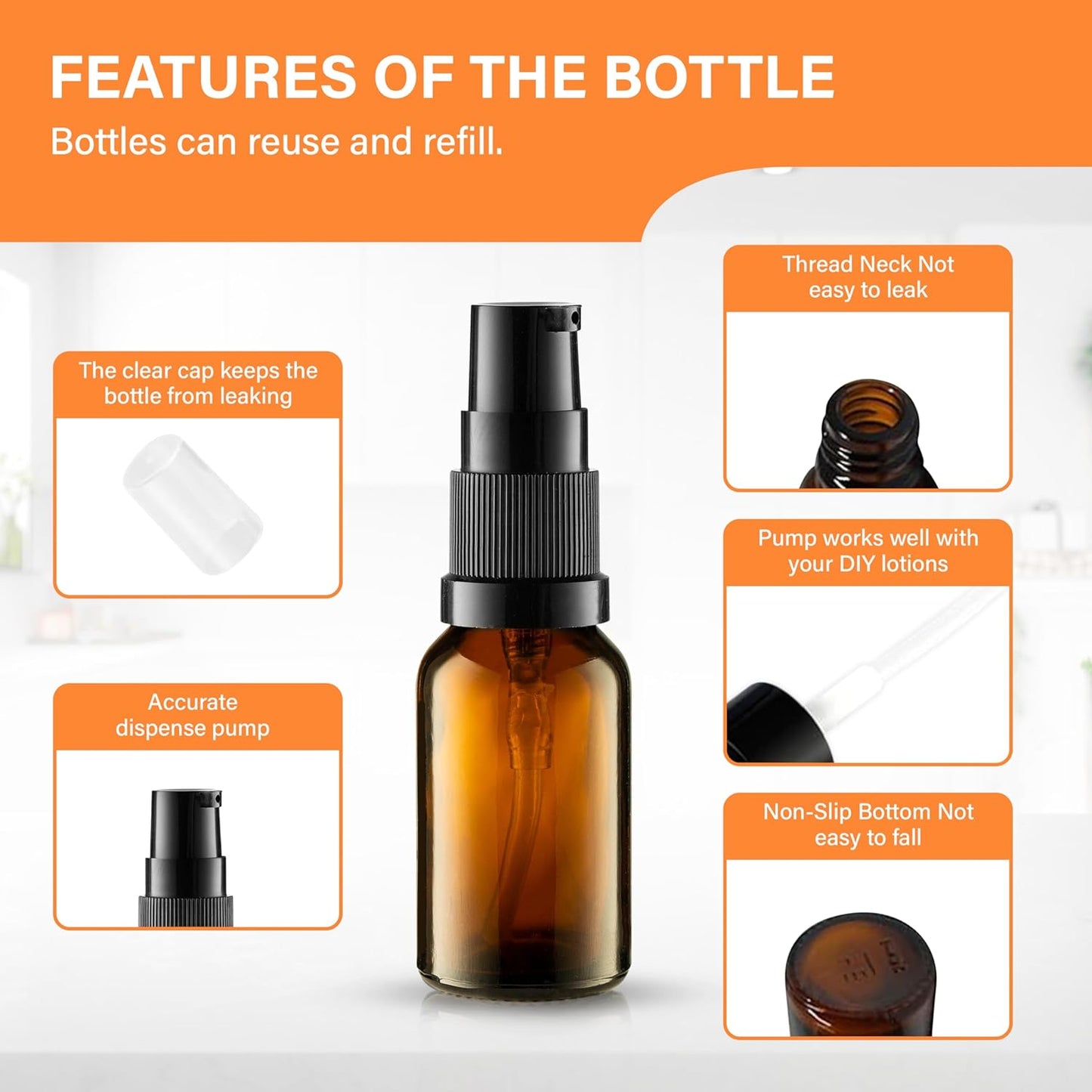 30ml Amber Glass Pump Bottles - 3 Pack Refillable Containers for Lotion & Essential Oils