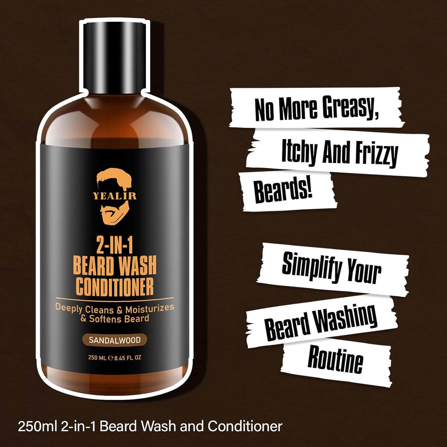 Beard Wash & Conditioner 2-in-1 – Hydrating Sandalwood Shampoo for Soft, Full Beard – 8.45 oz