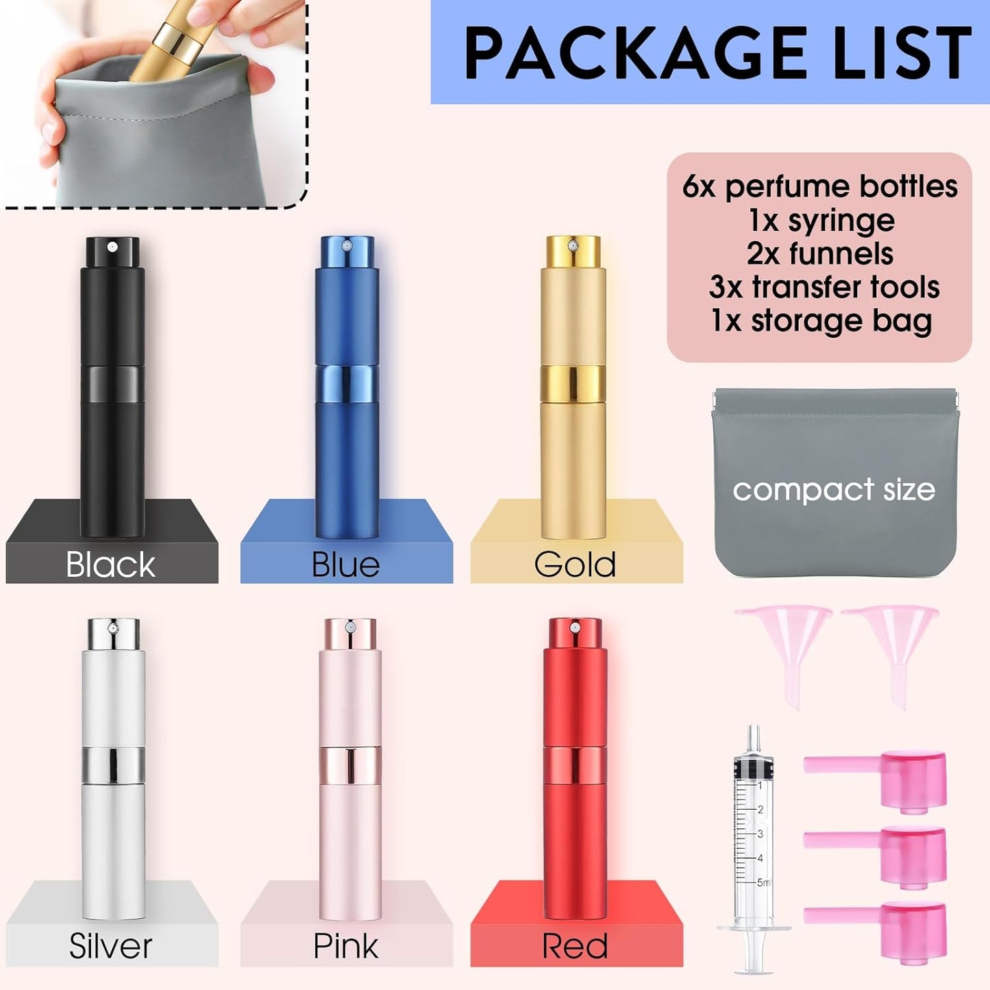 8ML Perfume Atomizer Spray Bottle - 6 Pack Travel Refillable Mini Cologne Dispenser