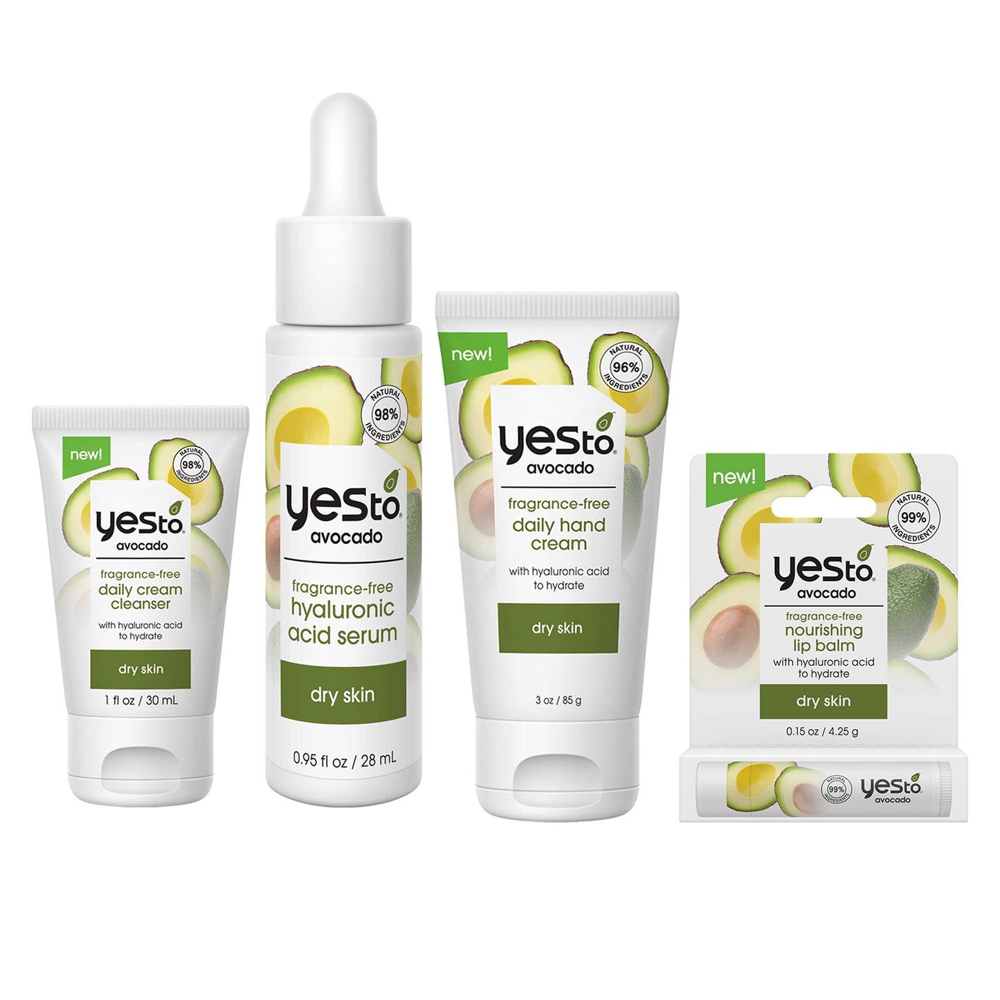 Yes To Avocado Fragrance-Free Skincare Set, Daily Cream Cleanser, Hyaluronic Acid Serum, Hand Cream, Nourishing Lip Balm