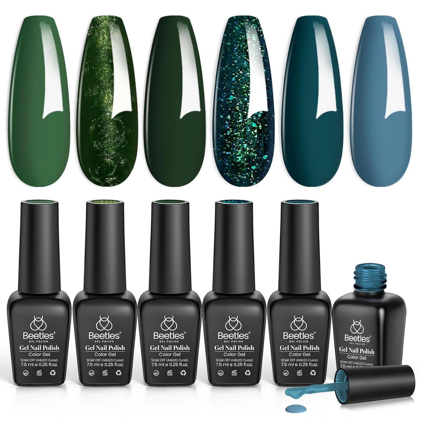 Beetles 6-Pack Fall Gel Nail Polish Set - Brown, Green, Yellow, Burgundy & Glitter - Soak Off UV/LED Manicure Gift for Women