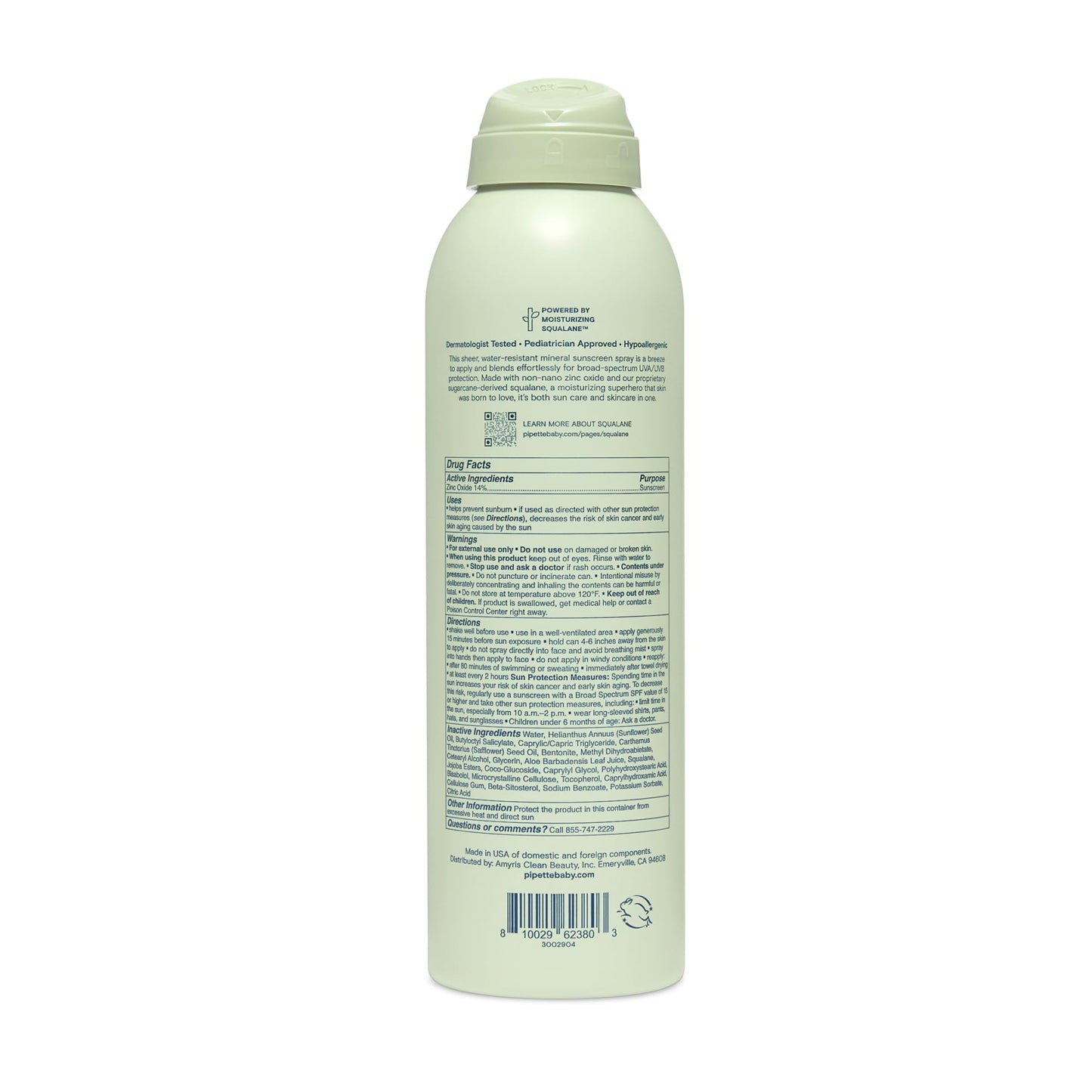 Pipette Baby Mineral Sunscreen Spray SPF 30, Broad Spectrum with Non-Nano Zinc Oxide, Water Resistant UVB/UVA Non-Toxic Sun Protection for Kids & Sensitive Skin, 6 oz