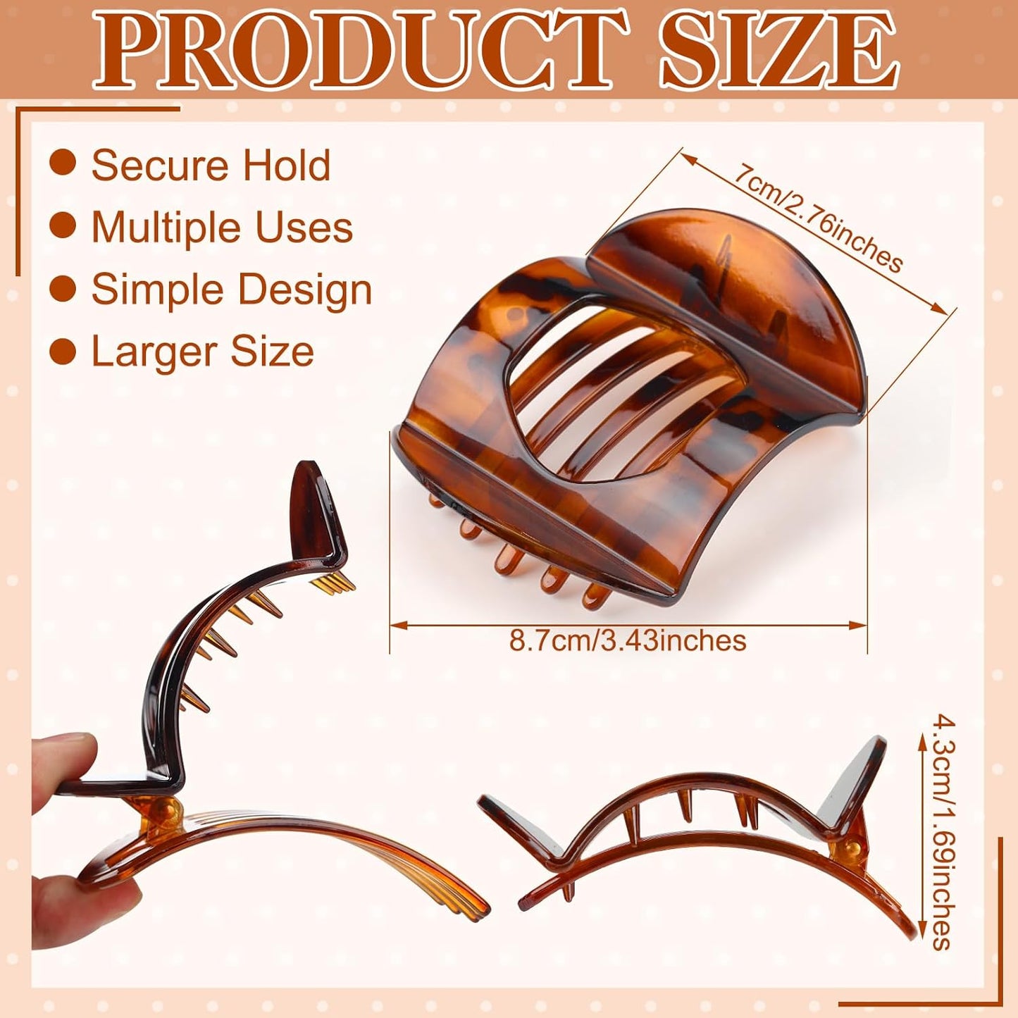 Large Tortoiseshell French Claw Clips - 6 Pack Strong Hold Hair Accessories for Women & Girls