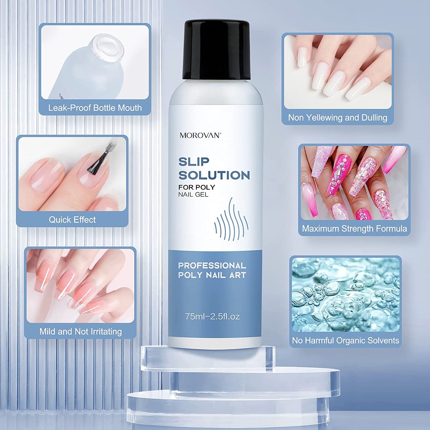 Morovan Nail Slip Solution Kit: 2.5 OZ Anti‑Stick Gel Liquid for PolyGel Nails with Dual‑Ended Brush & Nail Forms Ideal Easy Spread for Beginners
