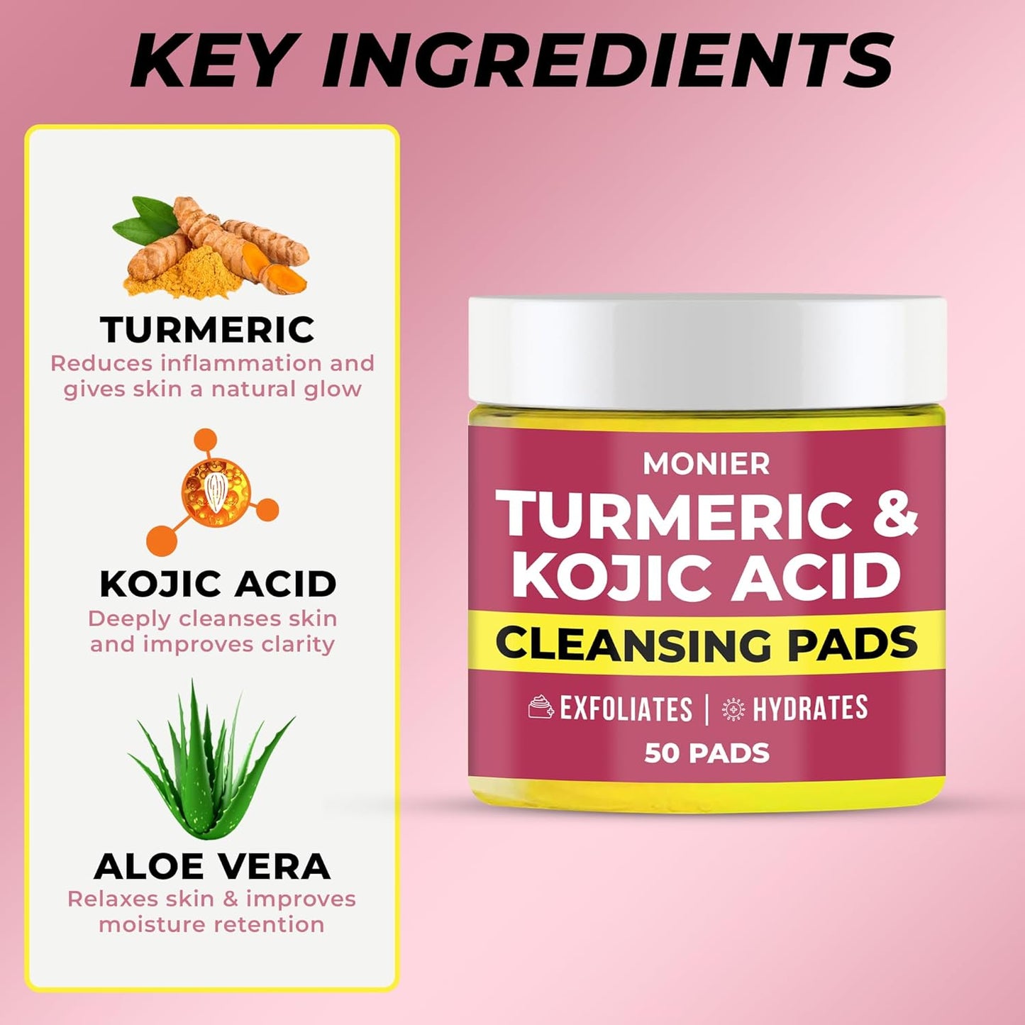 Turmeric & Kojic Acid Cleansing Pads for Dark Spots - Hydrating & Plumping - 50 Pads