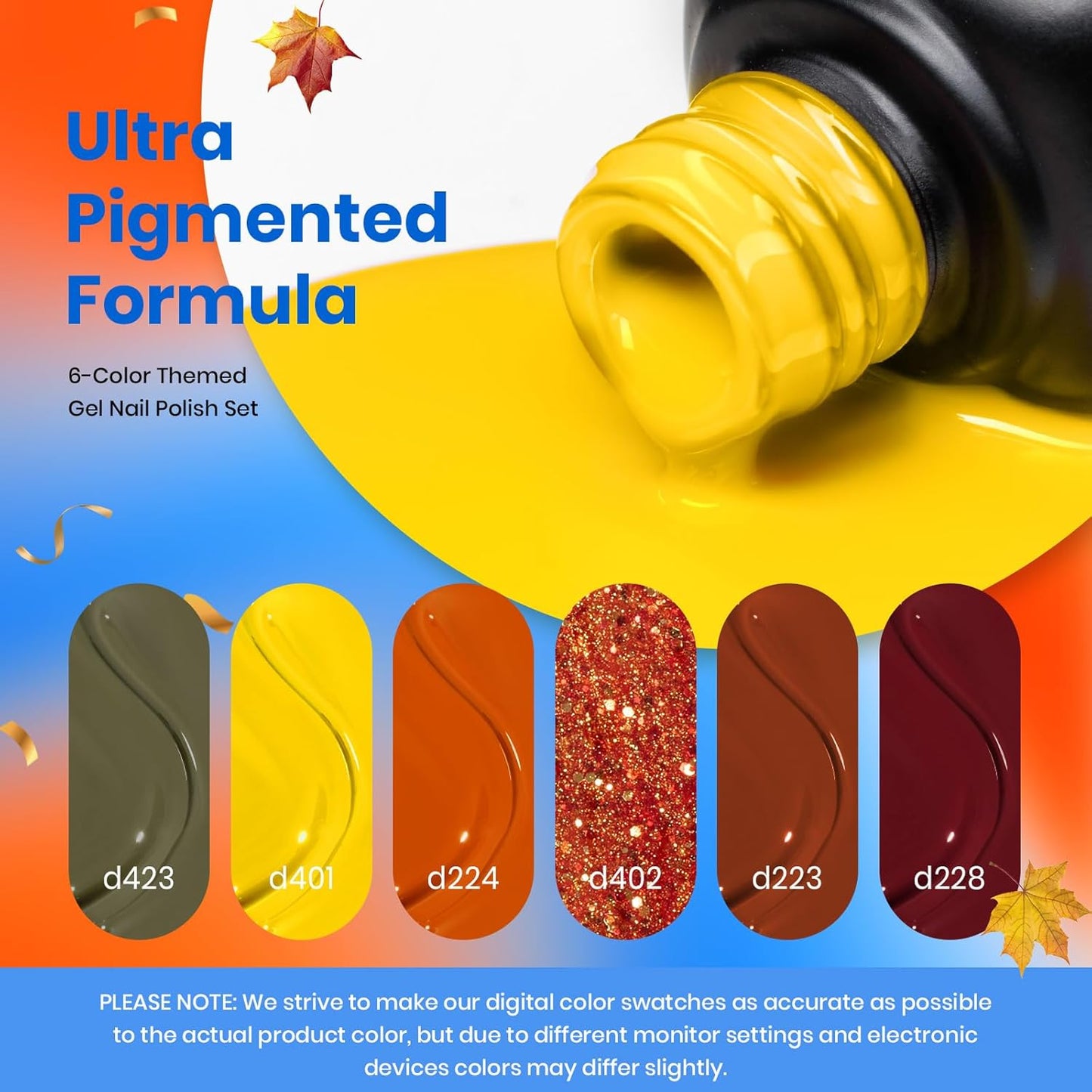 Beetles 6-Pack Fall Gel Nail Polish Set - Brown, Green, Yellow, Burgundy & Glitter - Soak Off UV/LED Manicure Gift for Women