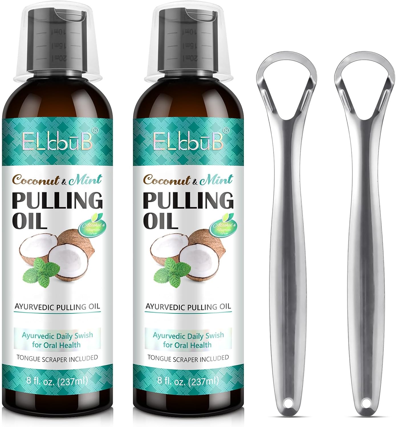 Ayurvedic Coconut Oil Pulling Mouthwash with Mint & Tongue Scraper - 8 Fl. Oz for Fresh Breath & Healthy Gums