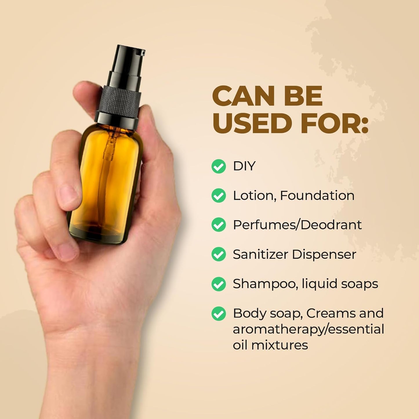 30ml Amber Glass Pump Bottles - 3 Pack Refillable Containers for Lotion & Essential Oils