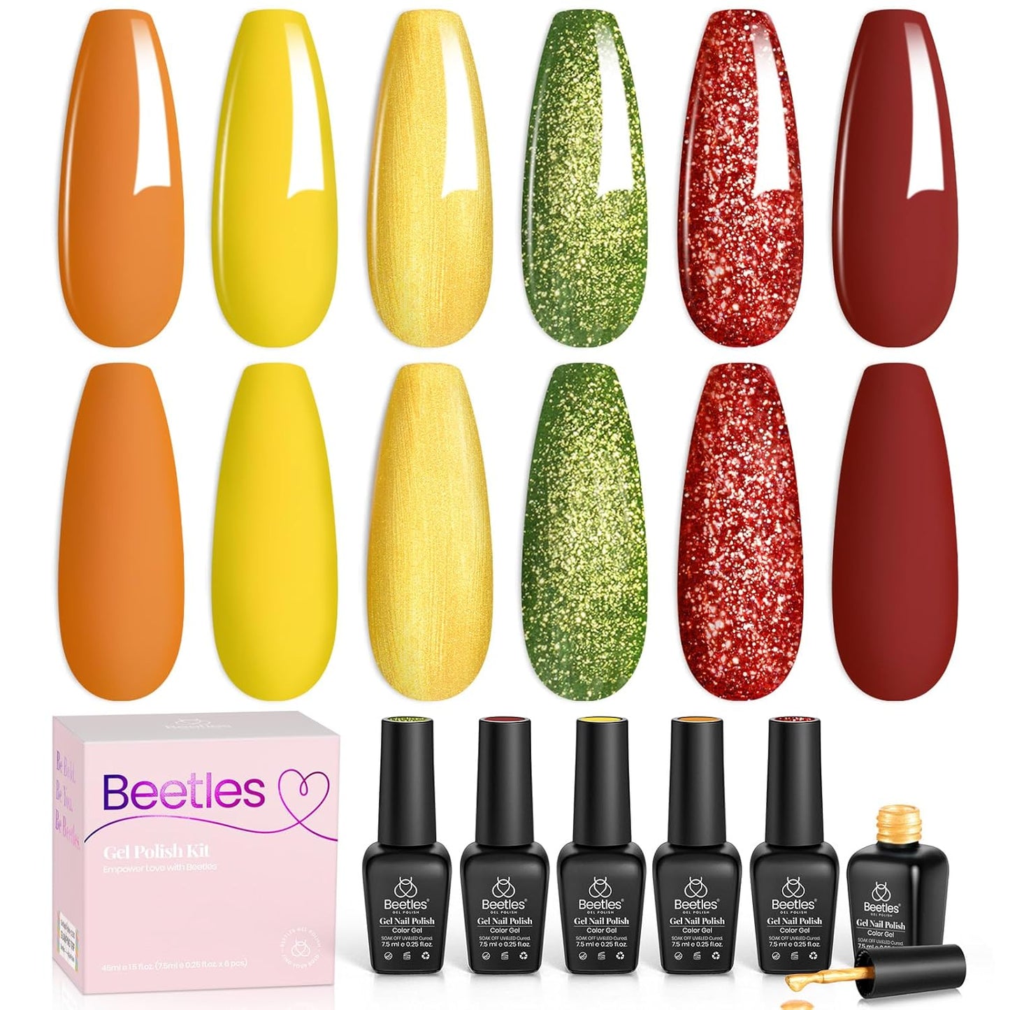 Beetles 6-Pack Fall Gel Nail Polish Set - Brown, Green, Yellow, Burgundy & Glitter - Soak Off UV/LED Manicure Gift for Women