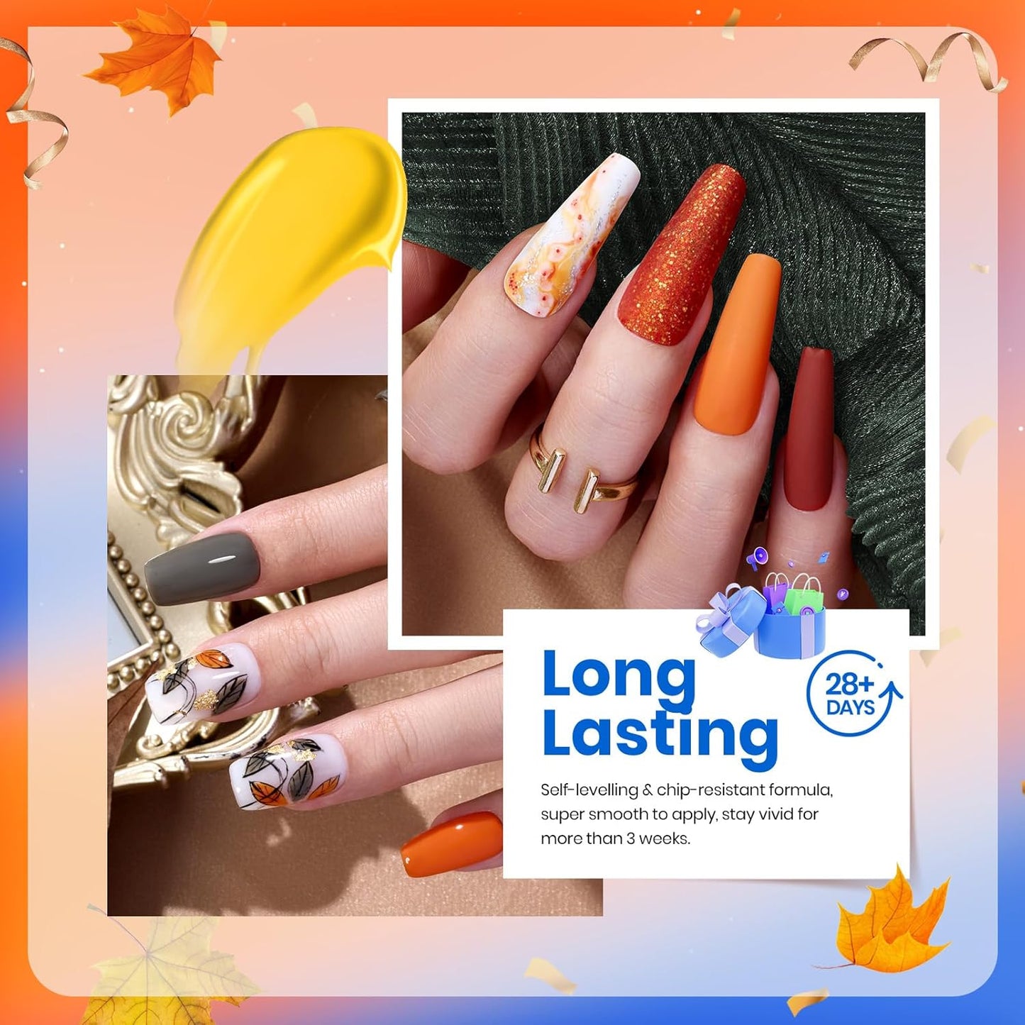 Beetles 6-Pack Fall Gel Nail Polish Set - Brown, Green, Yellow, Burgundy & Glitter - Soak Off UV/LED Manicure Gift for Women