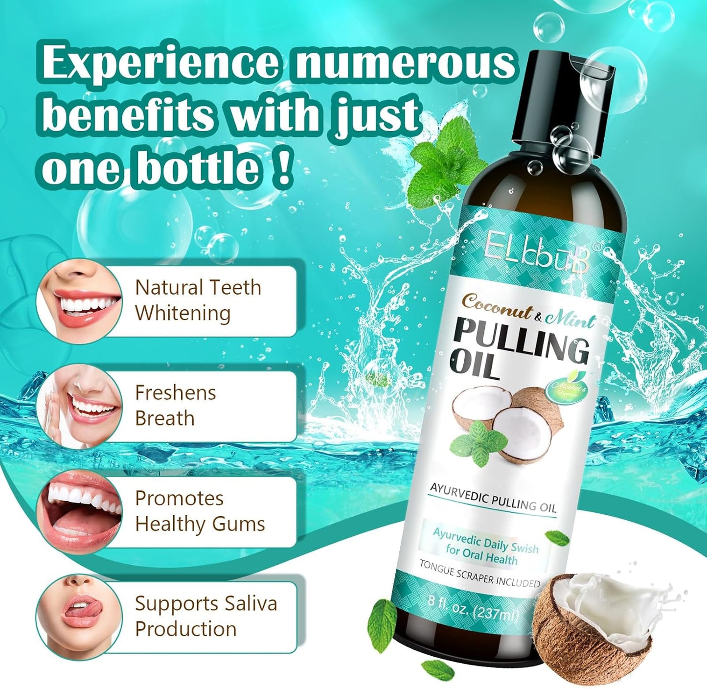 Ayurvedic Coconut Oil Pulling Mouthwash with Mint & Tongue Scraper - 8 Fl. Oz for Fresh Breath & Healthy Gums