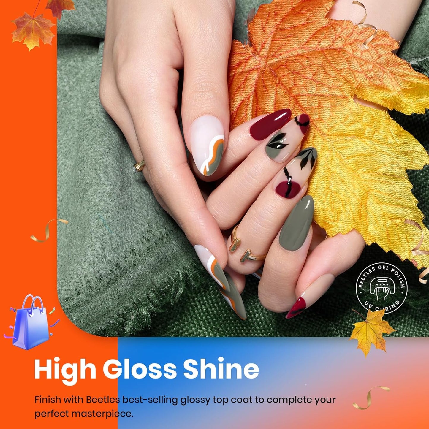 Beetles 6-Pack Fall Gel Nail Polish Set - Brown, Green, Yellow, Burgundy & Glitter - Soak Off UV/LED Manicure Gift for Women