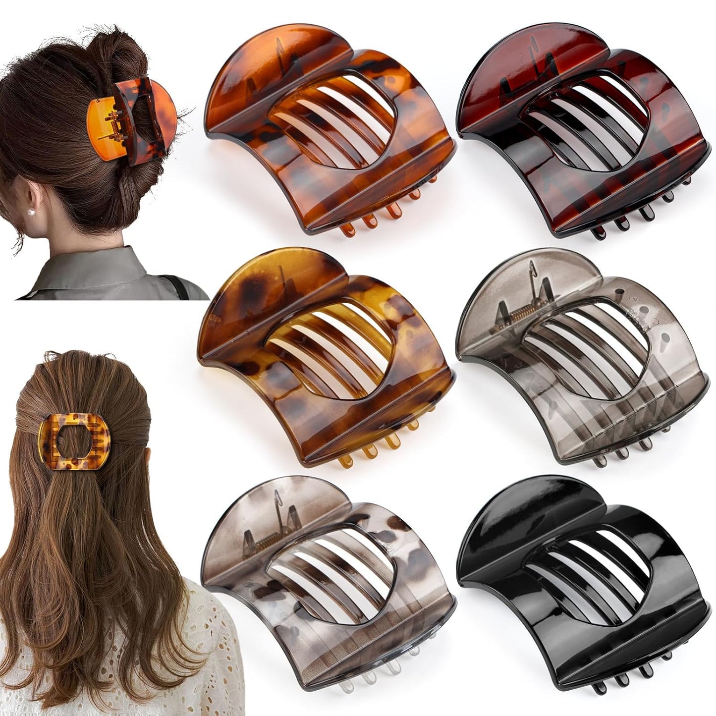 Large Tortoiseshell French Claw Clips - 6 Pack Strong Hold Hair Accessories for Women & Girls
