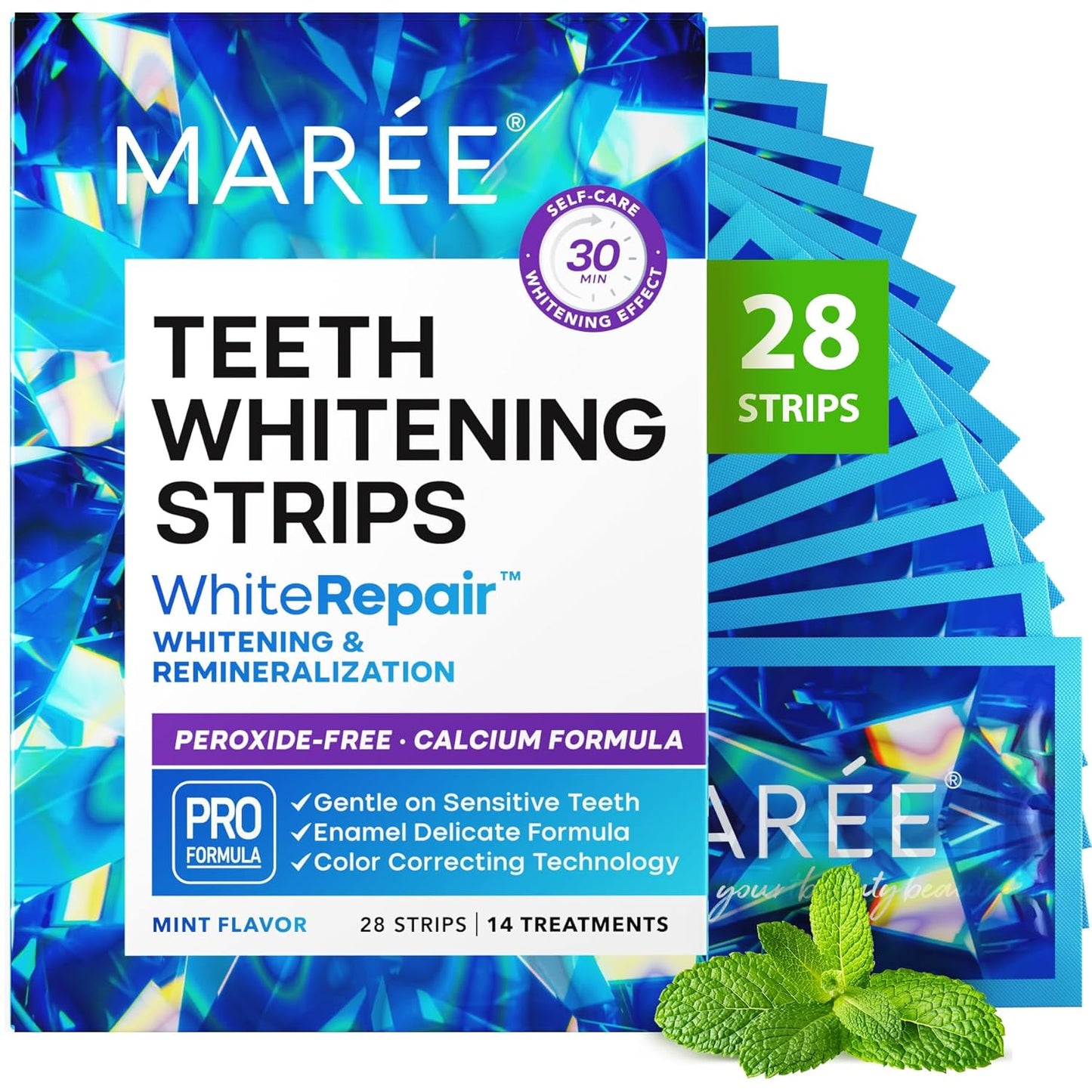 Teeth Whitening Strips with Mint Flavor - Gentle Calcium Formula for Sensitive Teeth - 28 Pack