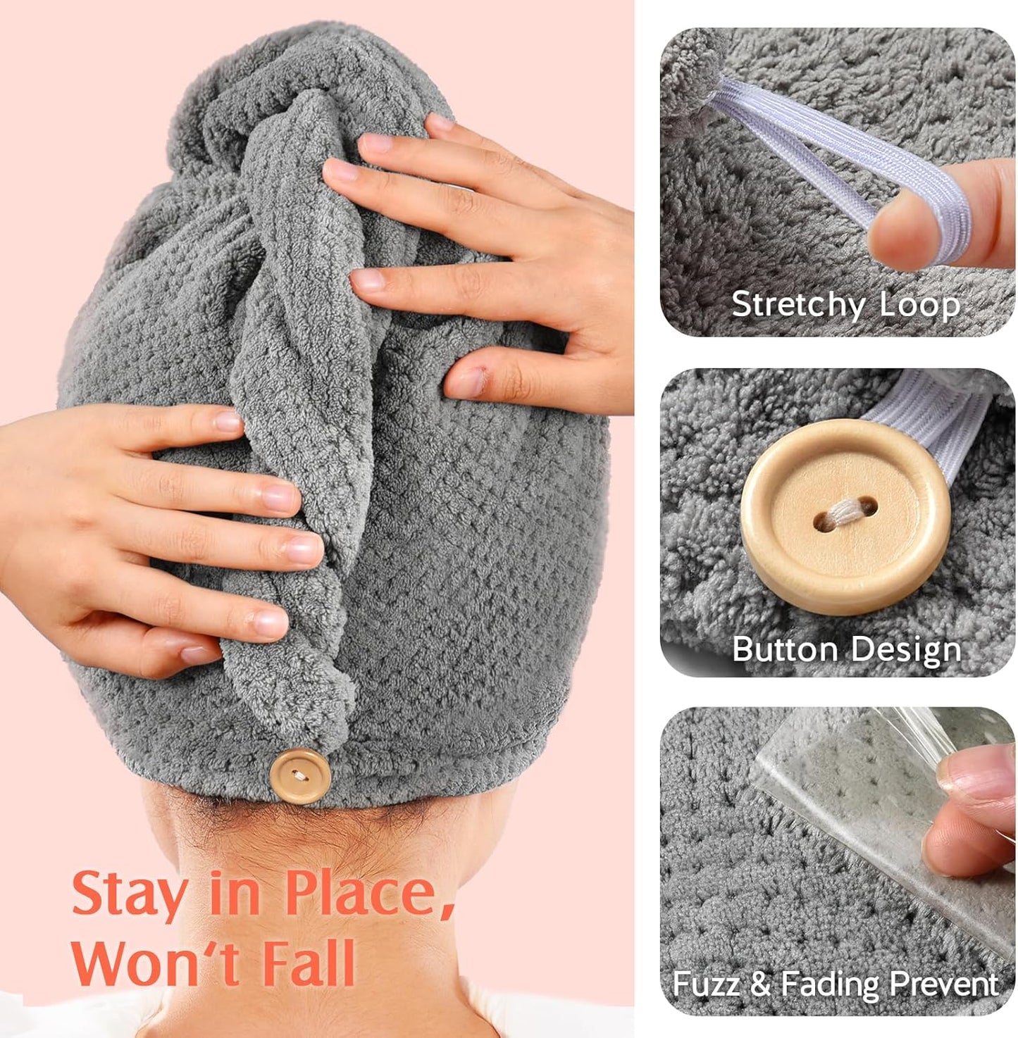 Super Absorbent Microfiber Hair Towel Wraps for Women - 2 Pack Quick Dry Turbans