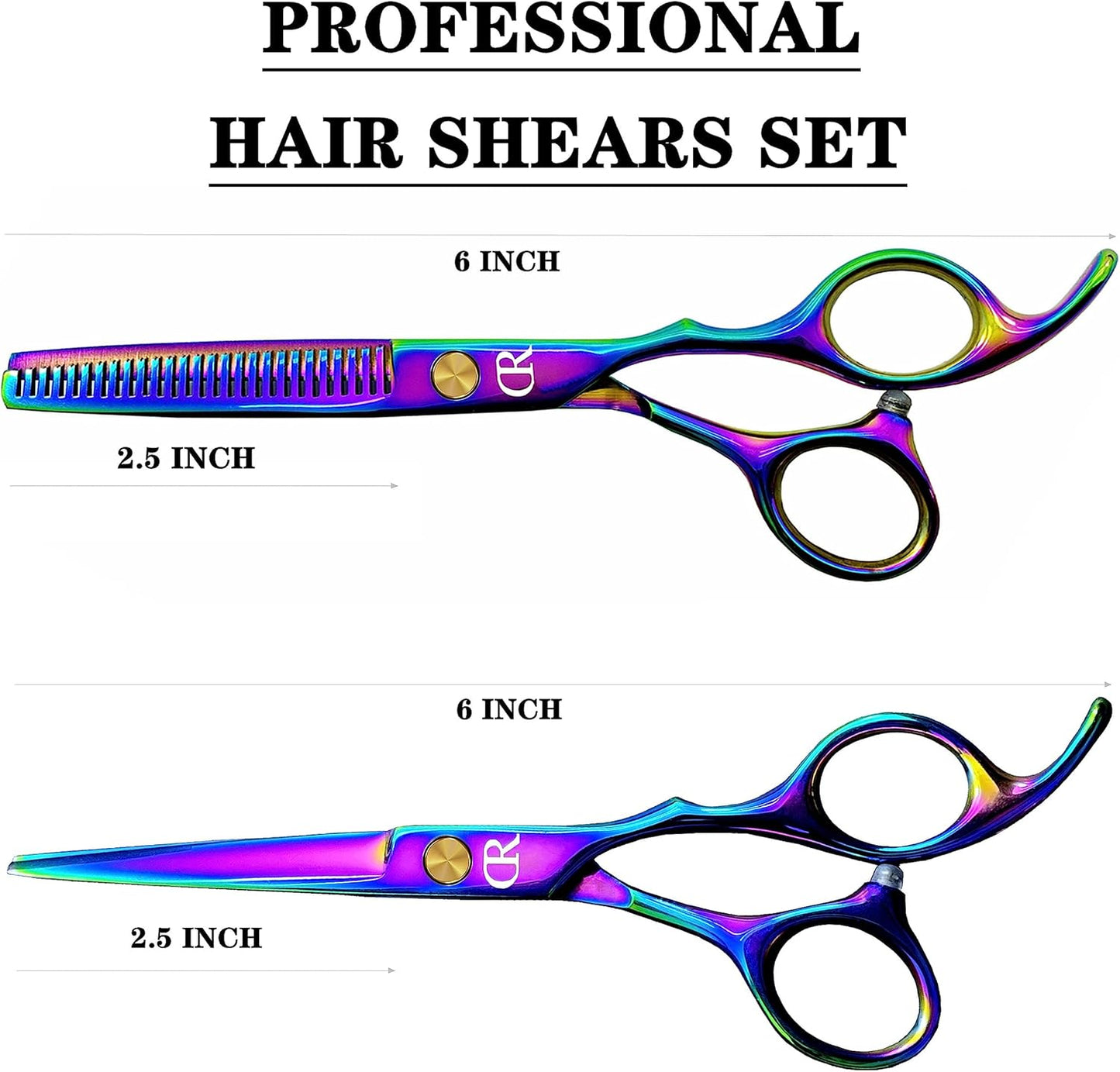Professional 6-Inch Hair Cutting Shears Set - Barber Scissors & Thinning Shears Kit for Men, Women & Kids (Rainbow Finish)