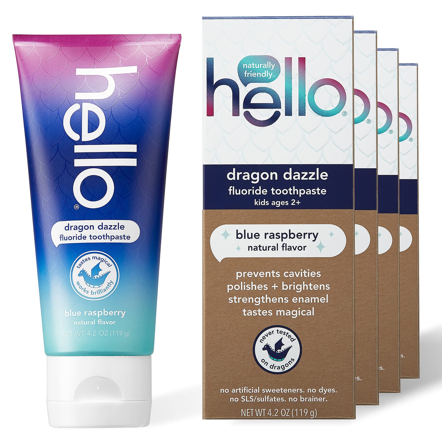hello Kids Dragon Dazzle Blue Raspberry Fluoride Toothpaste, Vegan & SLS Free, 4.2 Oz, 4 Count