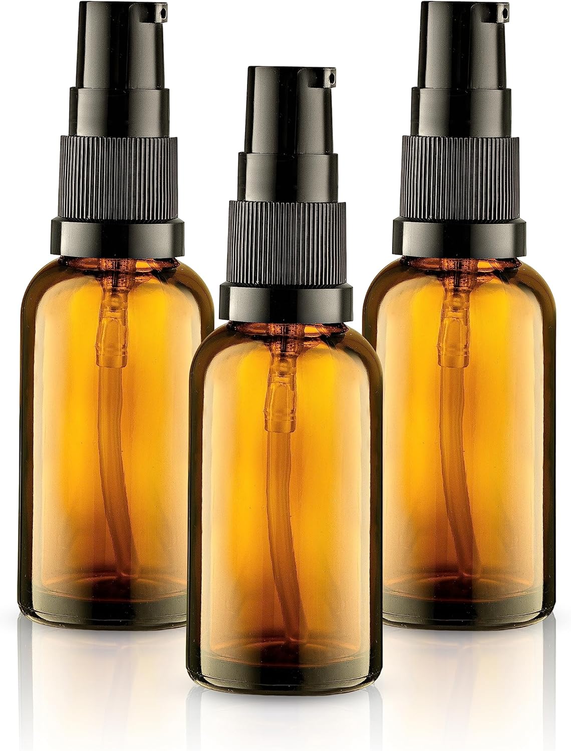 30ml Amber Glass Pump Bottles - 3 Pack Refillable Containers for Lotion & Essential Oils