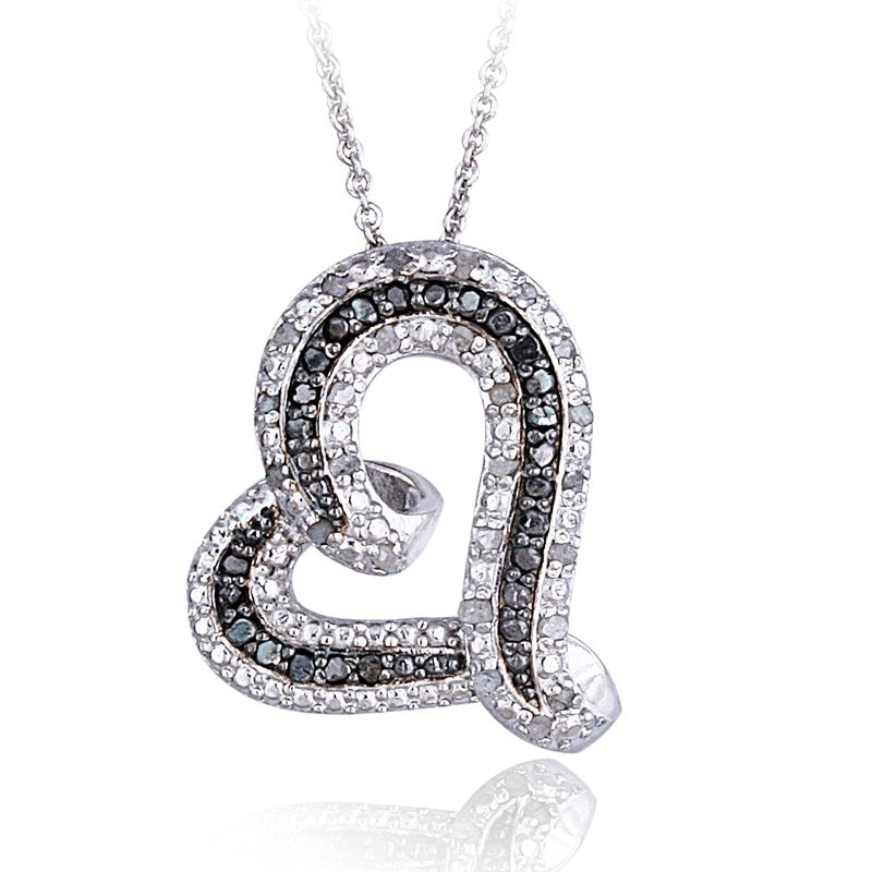 Black & White Diamond Floating Heart Pendant Necklace 0.50ct for Women