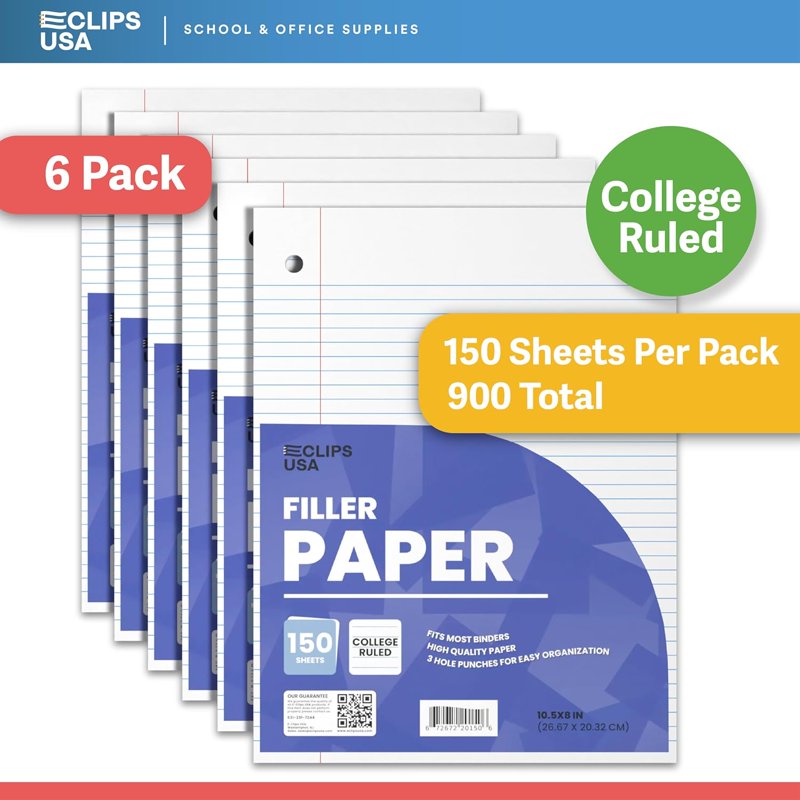 Loose Leaf College Ruled Notebook Paper 1800 Sheets 6-Pack Wide & College Rule