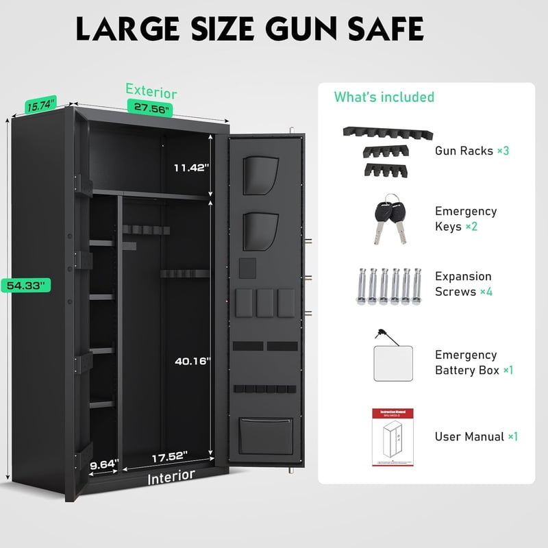 Large Digital Gun Safe for Pistols & Shotguns with LCD Keypad, Adjustable Shelves