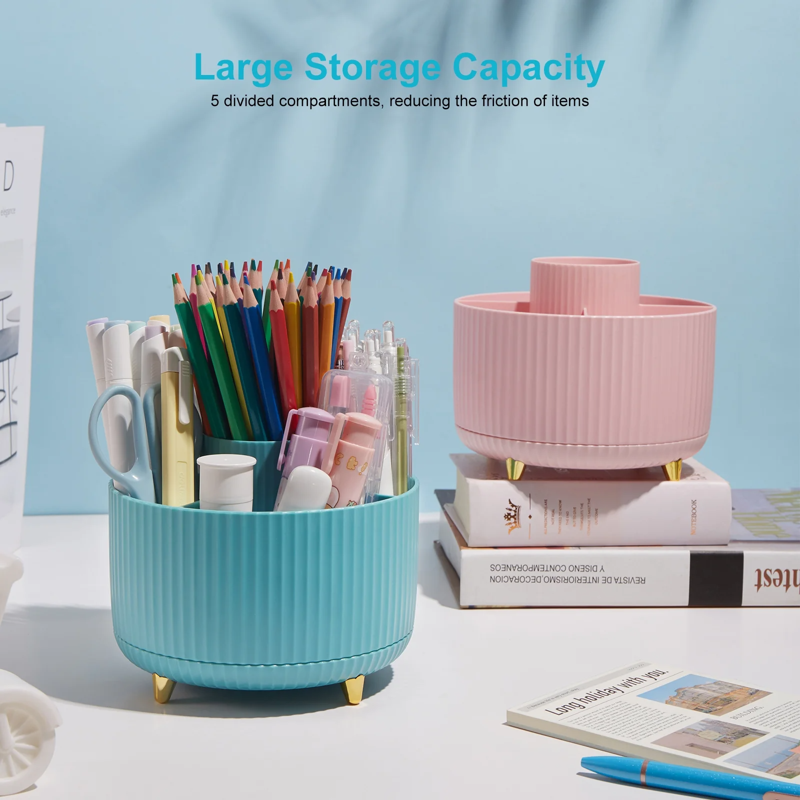 360° Rotating Desk Organizer with 5 Slots - Plastic Pen & Art Supply Holder