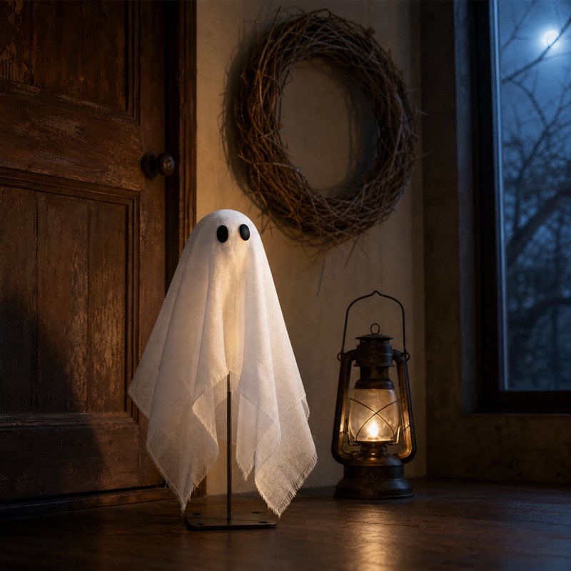 Standing Ghost Decoration for Halloween - Fabric Ghost Tabletop Ornament with Metal Stand (Variation: Standing Ghost)