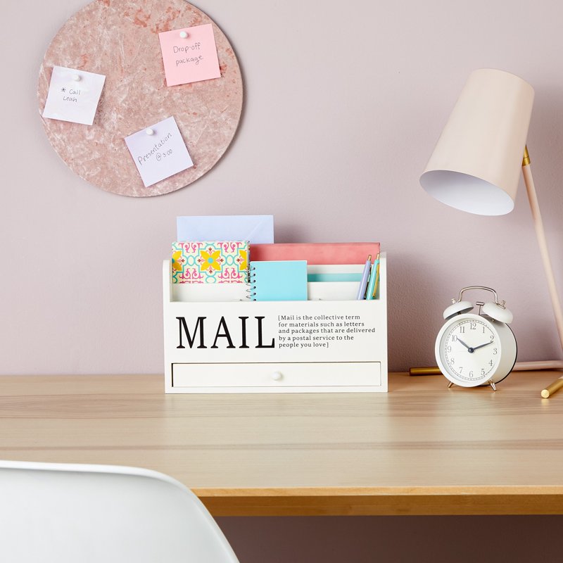 White Desktop Mail Organizer with Drawer - 3-Tier Wooden Countertop Storage Box