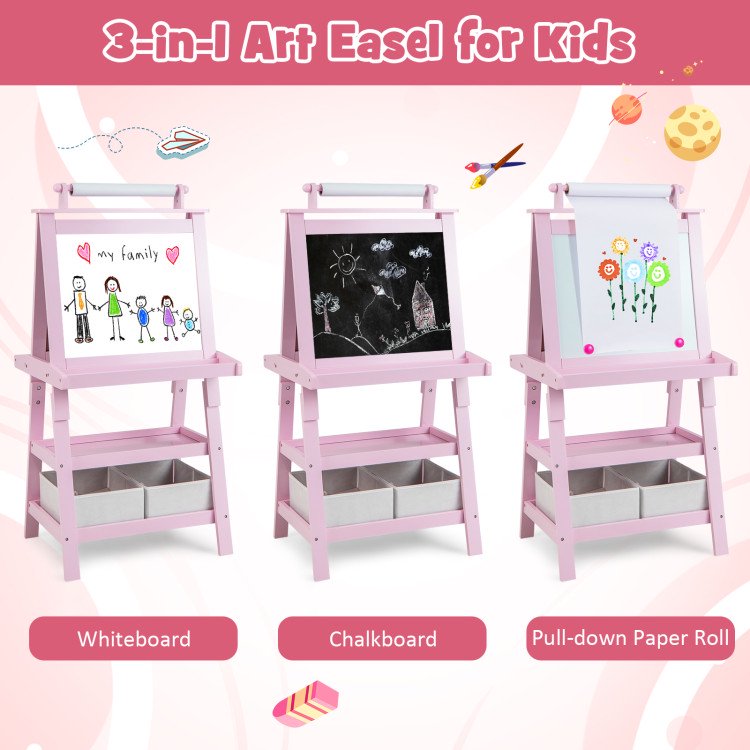 Kids Art Easel with Drawing Board & Paper Roll - 3-in-1 Double-Sided Craft Station for Study & Play