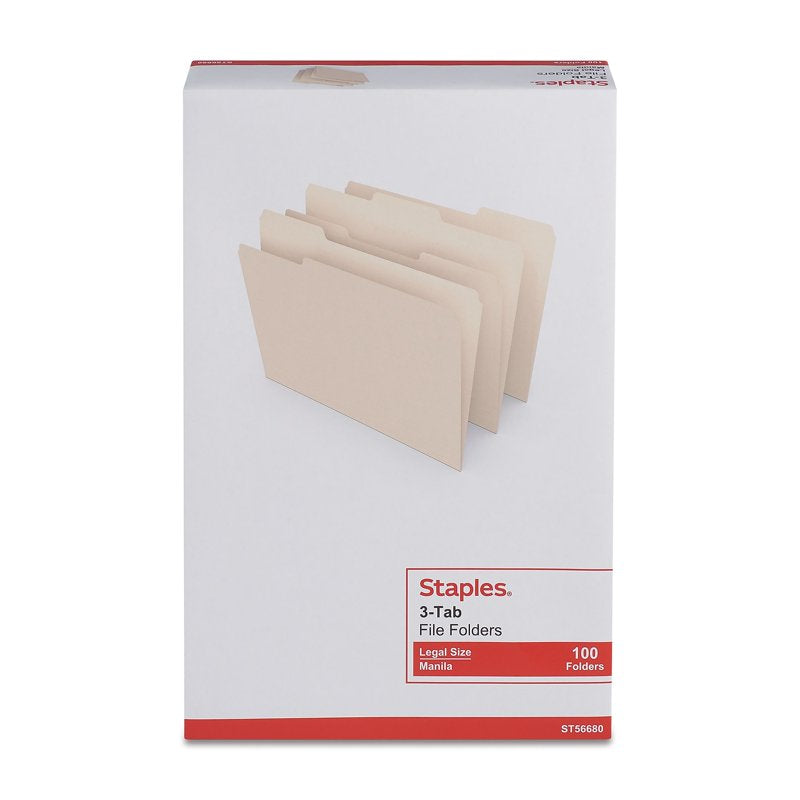 Legal Size Manila File Folders with 1/3 Cut Tabs, 100 Pack