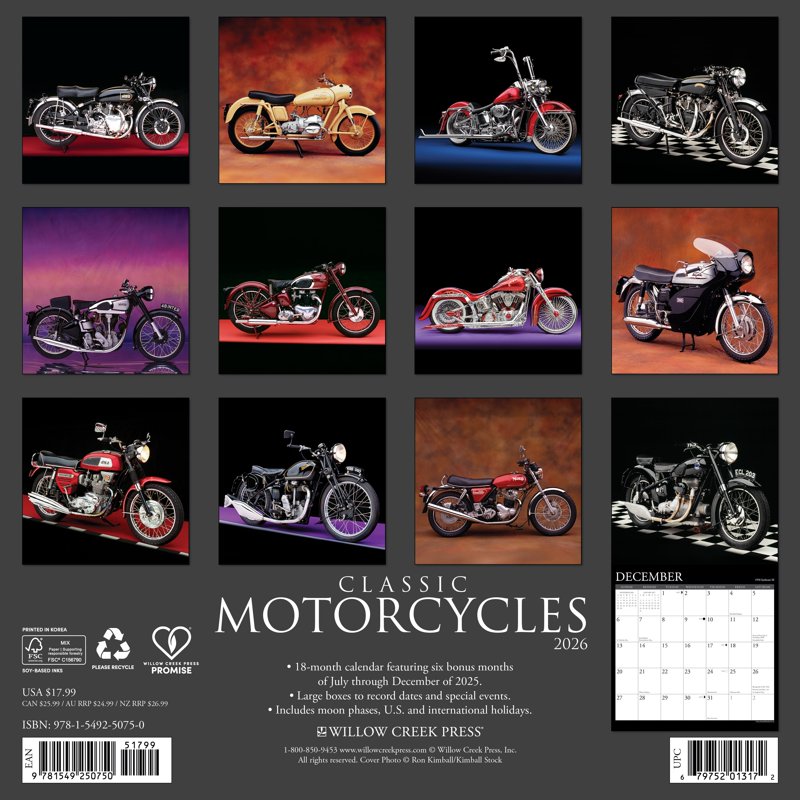 2026 Classic Motorcycles Wall Calendar Vintage Bike Artwork