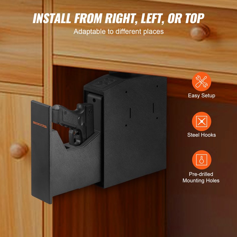 Mounted Gun Safe with Fingerprint, Key & Password Access – Compact Pistol Safe for Home & Bedside