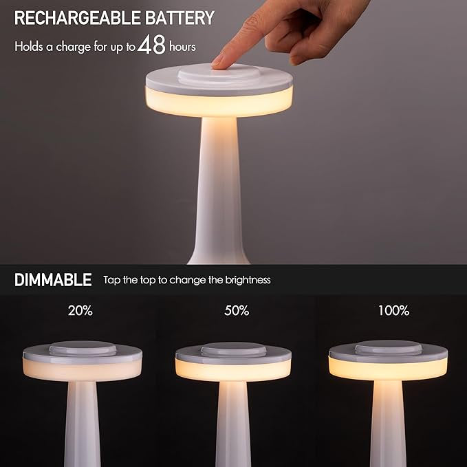 Rechargeable LED Table Lamp - Cordless Nightstand Light with Touch Dimming